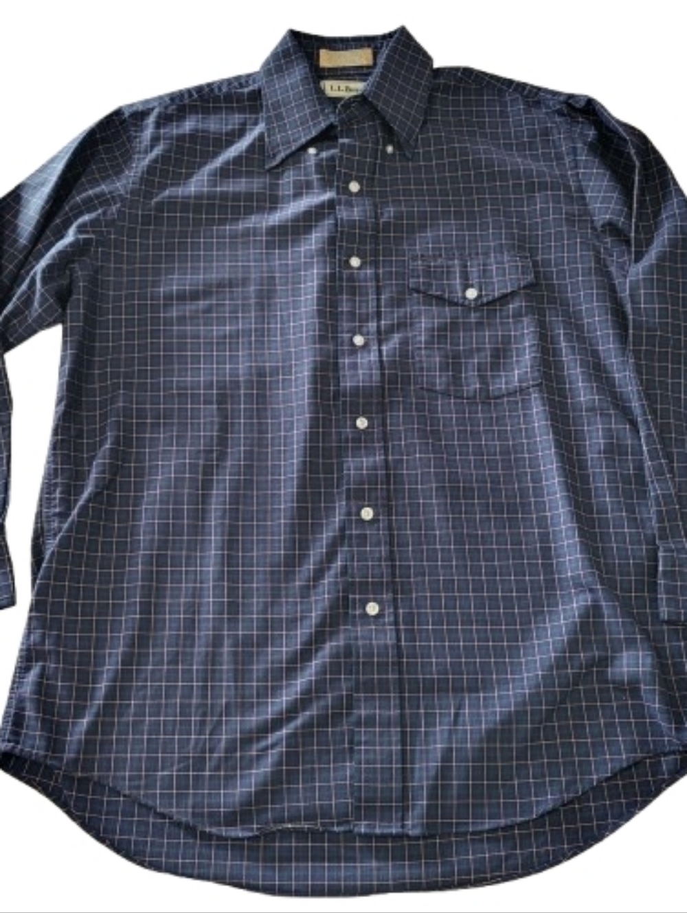 LL Bean Plaid Button Down Men's Dress Shirt Vintage Navy Blue Size 16.5